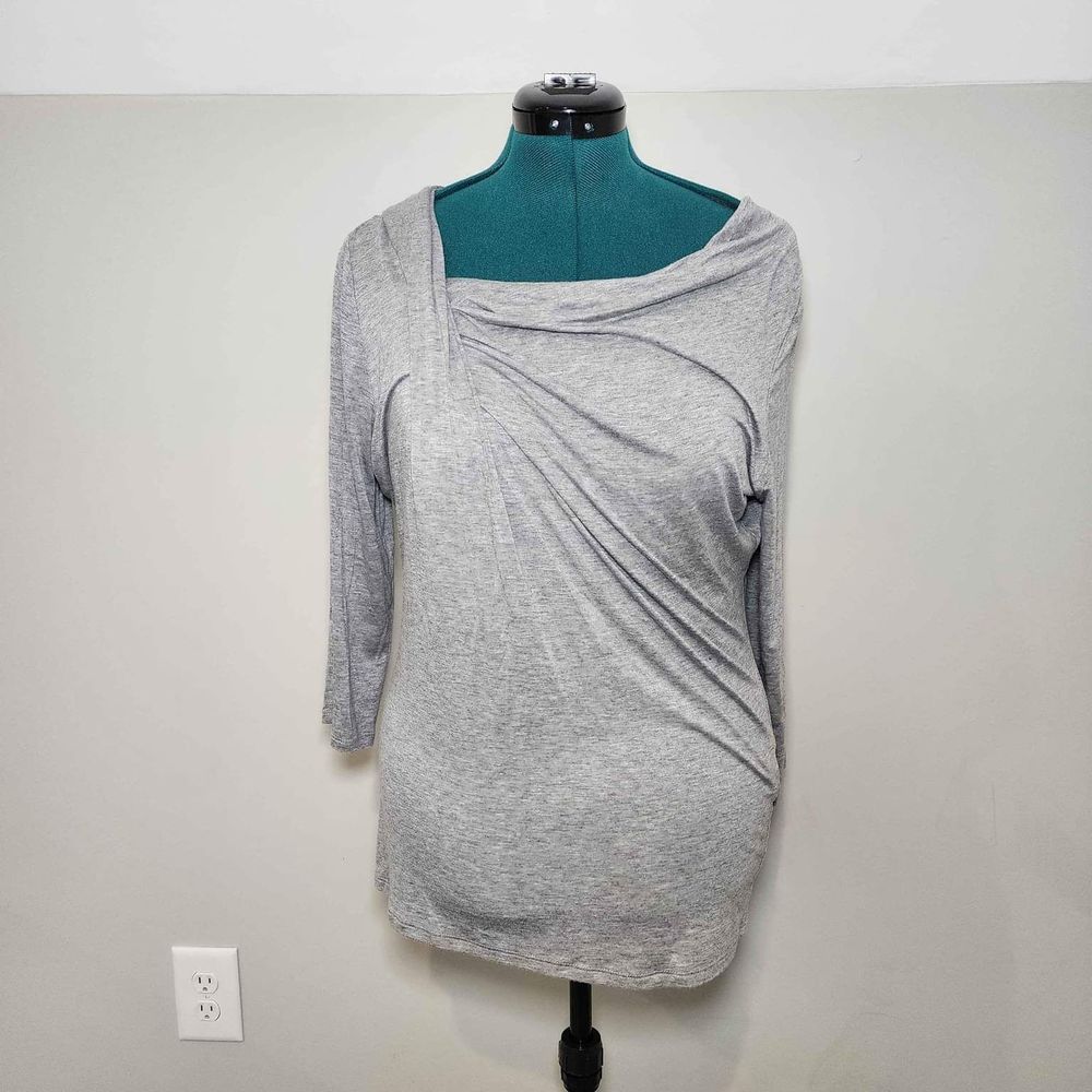 Women's Large Gray Cyrus Stretch Top Shirt Blouse Long Sleeve Neck Detail